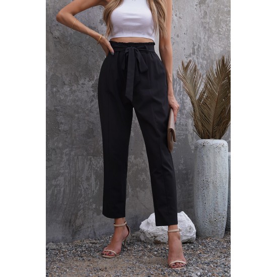 Black Casual Paperbag Waist Straight Leg Pants with Belt