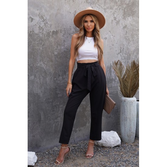 Black Casual Paperbag Waist Straight Leg Pants with Belt