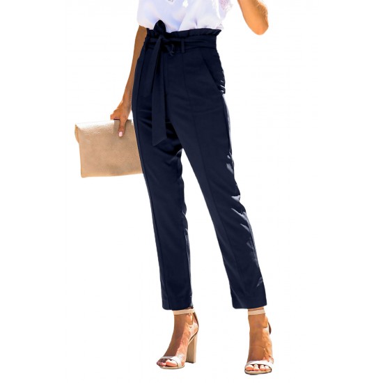 Blue Casual Paperbag Waist Straight Leg Pants with Belt