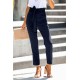 Blue Casual Paperbag Waist Straight Leg Pants with Belt