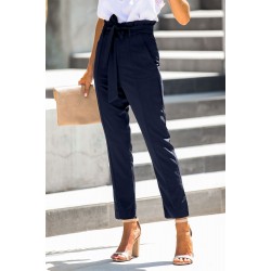 Blue Casual Paperbag Waist Straight Leg Pants with Belt