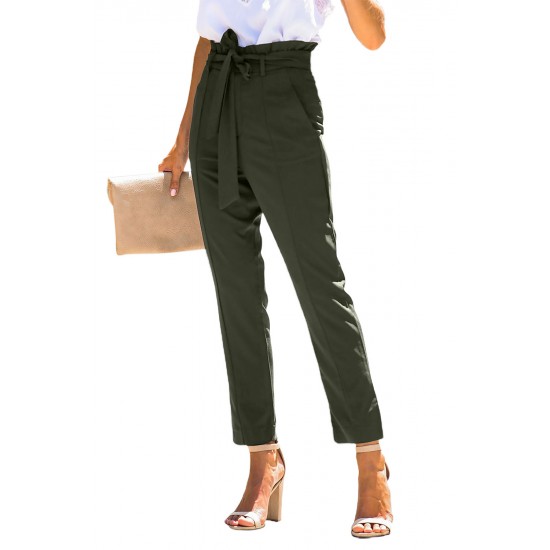 Green Casual Paperbag Waist Straight Leg Pants with Belt