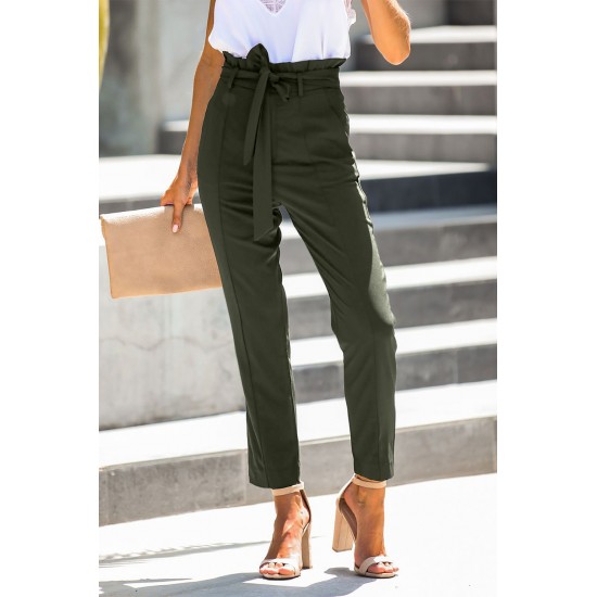 Green Casual Paperbag Waist Straight Leg Pants with Belt