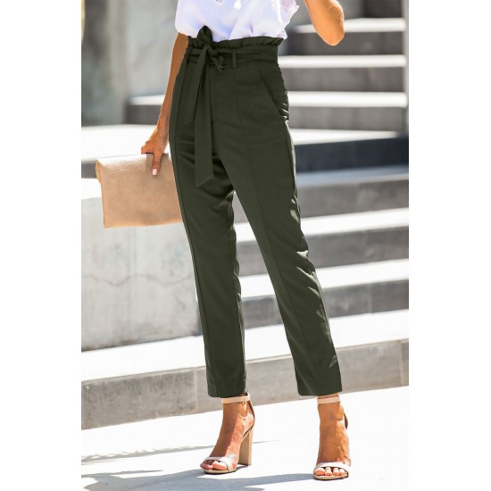 Green Casual Paperbag Waist Straight Leg Pants with Belt