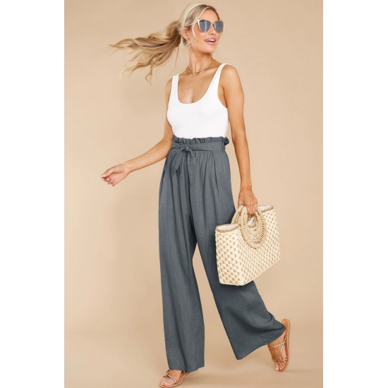 Gray Casual High Rise Paperbag Waist Wide Leg Pants