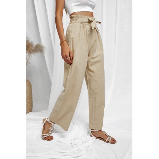 Khaki Casual High Rise Paperbag Waist Wide Leg Pants