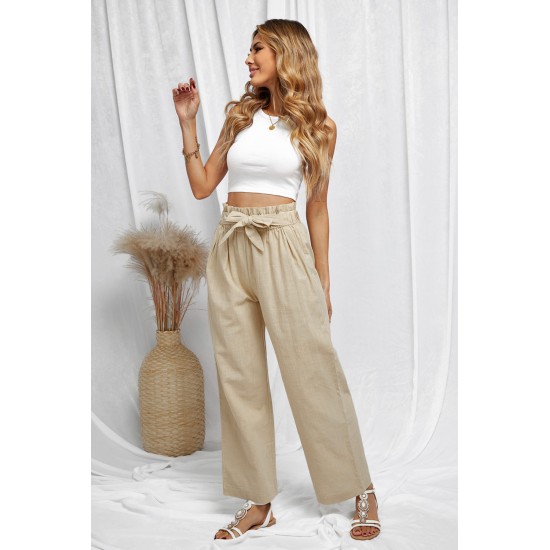 Khaki Casual High Rise Paperbag Waist Wide Leg Pants