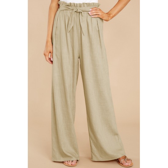 Khaki Casual High Rise Paperbag Waist Wide Leg Pants