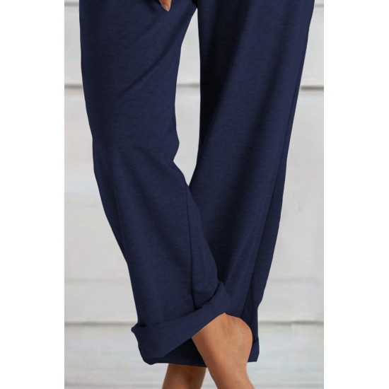 Blue Khaki Loose Drawstring Waist Knit Pants with Pockets