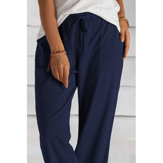 Blue Khaki Loose Drawstring Waist Knit Pants with Pockets