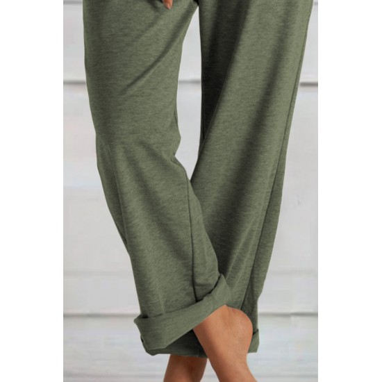 Green Khaki Loose Drawstring Waist Knit Pants with Pockets