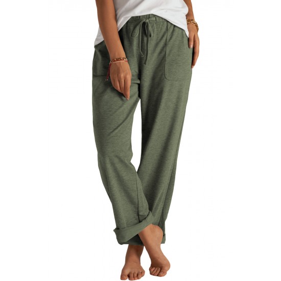 Green Khaki Loose Drawstring Waist Knit Pants with Pockets