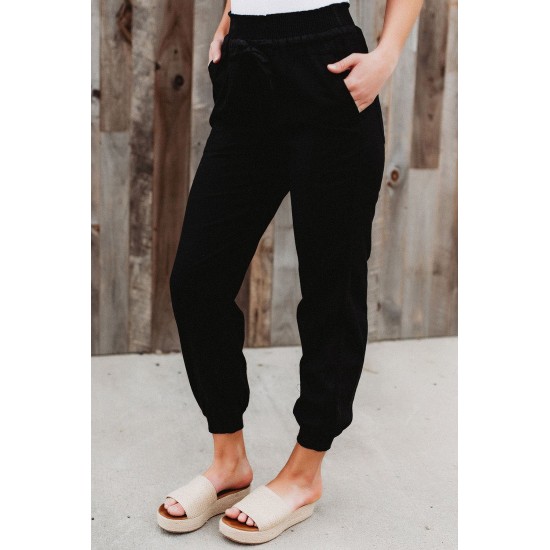 Black Elastic Waist Jogger Pants with Pocket