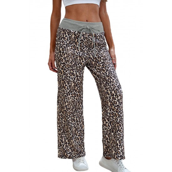 Leopard Print Drawstring Waist Wide Leg Pants