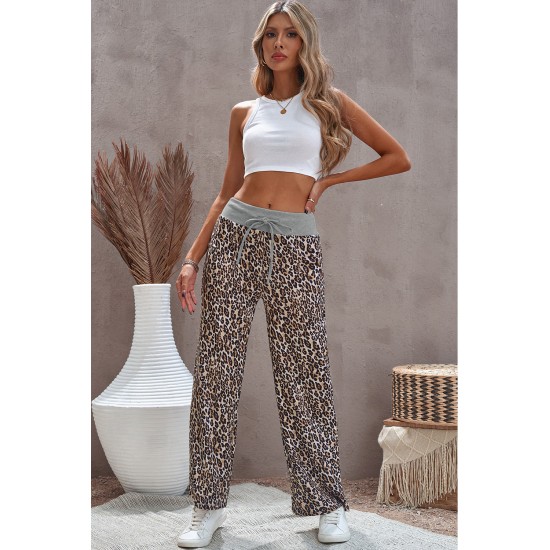 Leopard Print Drawstring Waist Wide Leg Pants