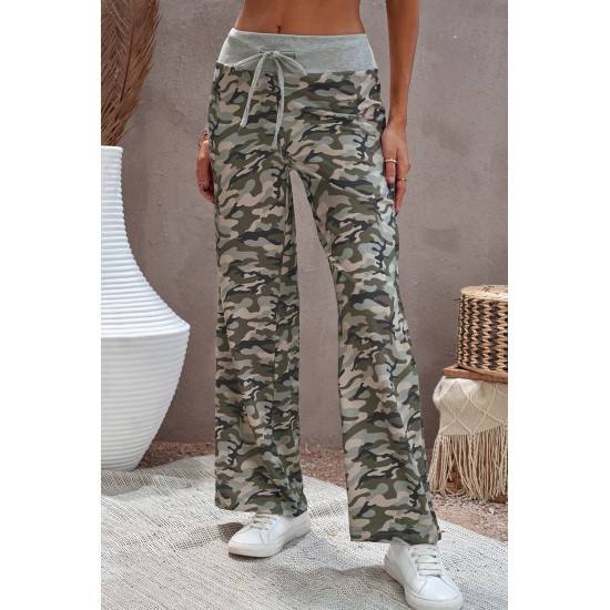 Camouflage Print Drawstring Waist Wide Leg Pants