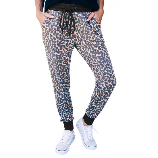 Leopard Print Drawstring Joggers with Side Pocket