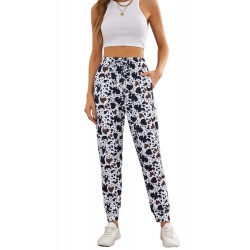 Drawstring Elastic Waist Cow Print Pants