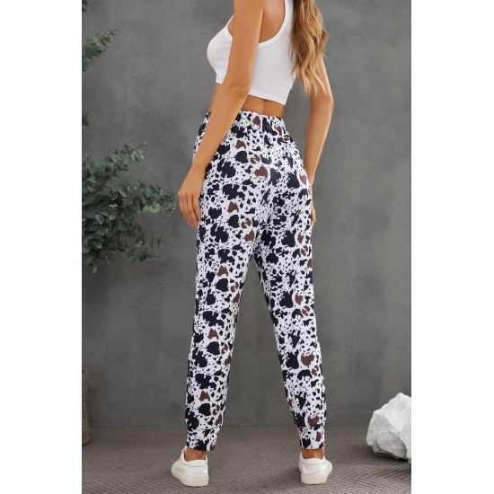 Drawstring Elastic Waist Cow Print Pants