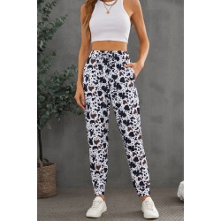 Drawstring Elastic Waist Cow Print Pants