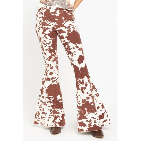 Brown Cow Print High Waisted Flared Pants