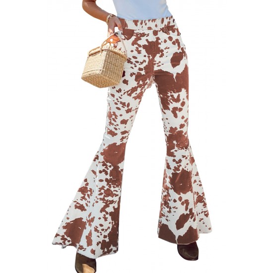 Brown Cow Print High Waisted Flared Pants