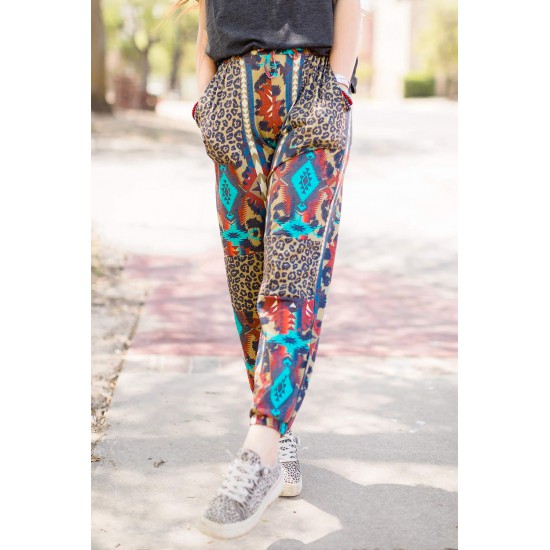 Aztec Leopard Patchwork High Waist Slim-fit Pants