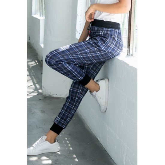 Blue High Waisted Drawstring Plaid Joggers with Pockets