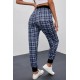 Blue High Waisted Drawstring Plaid Joggers with Pockets