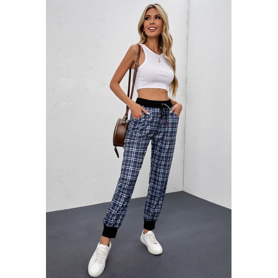 Blue High Waisted Drawstring Plaid Joggers with Pockets