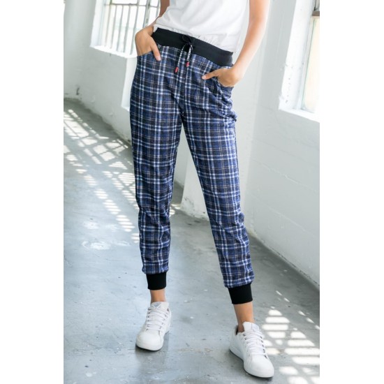 Blue High Waisted Drawstring Plaid Joggers with Pockets