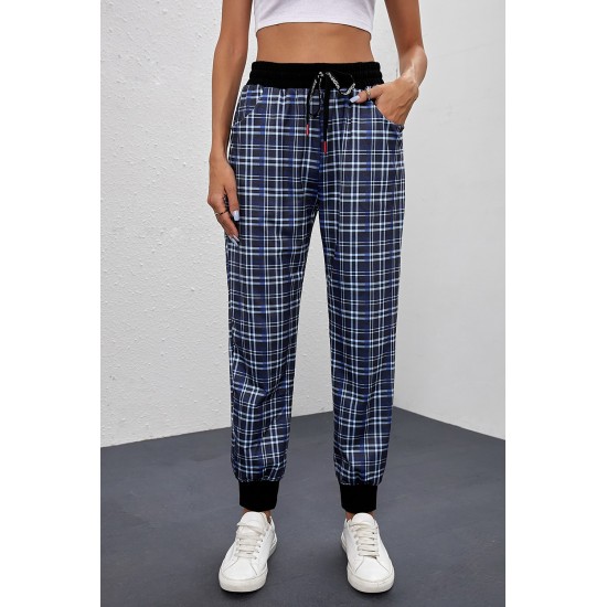 Blue High Waisted Drawstring Plaid Joggers with Pockets