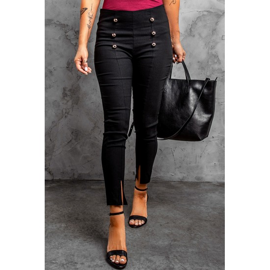 Black Buttons Skinny Pants with Slits