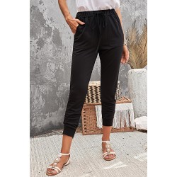 Black Pocketed Drawstring Casual Pants