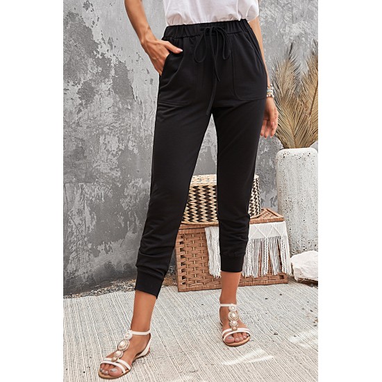 Black Pocketed Drawstring Casual Pants