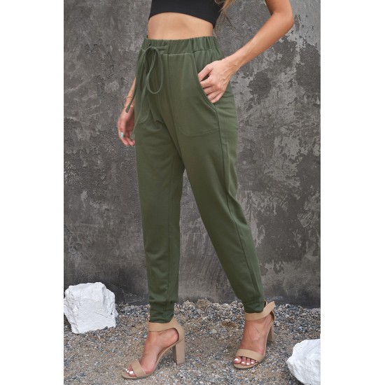 Army Green Pocketed Drawstring Casual Pants