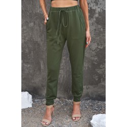 Army Green Pocketed Drawstring Casual Pants