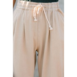 Beige Drawstring Pocketed Straight Leg Denim Pants