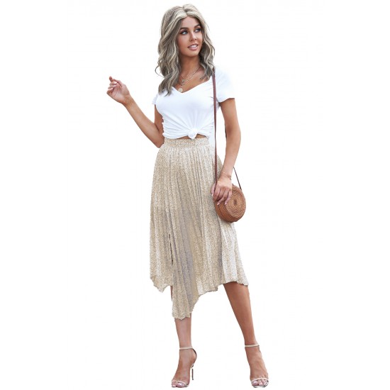 Beige Fashion Print Side Slit Pleated Maxi Skirt