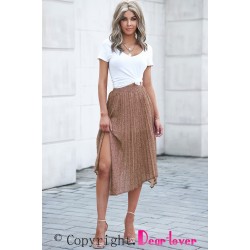 Brown Fashion Print Side Slit Pleated Maxi Skirt