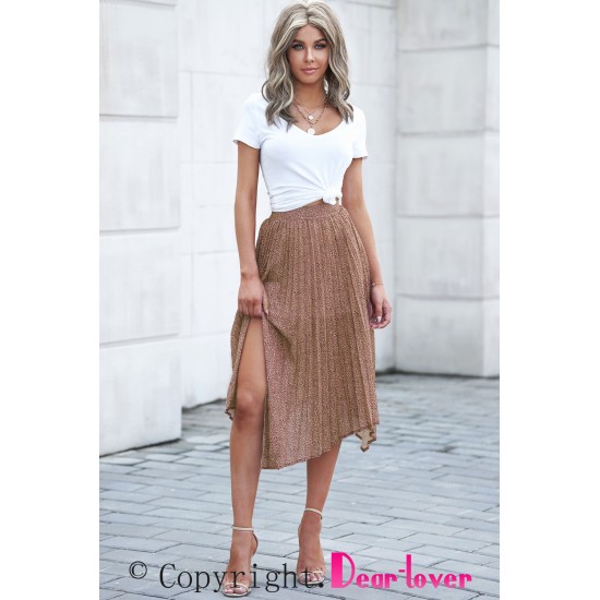 Brown Fashion Print Side Slit Pleated Maxi Skirt