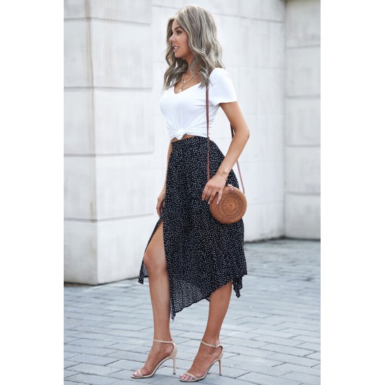 Black Fashion Print Side Slit Pleated Maxi Skirt