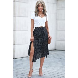 Black Fashion Print Side Slit Pleated Maxi Skirt