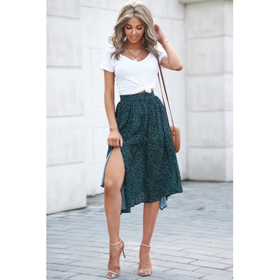 Green Fashion Print Side Slit Pleated Maxi Skirt