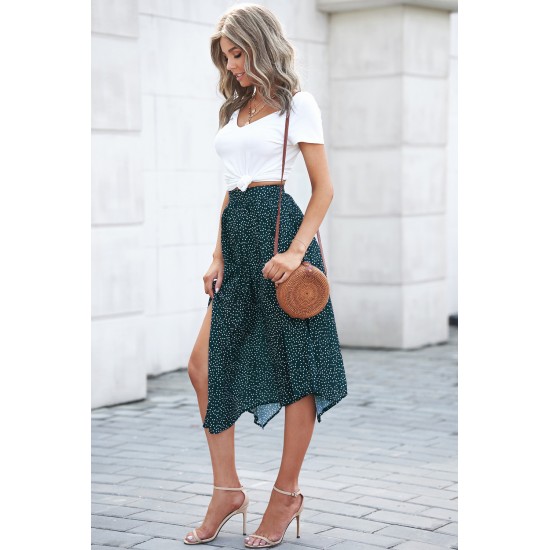 Green Fashion Print Side Slit Pleated Maxi Skirt