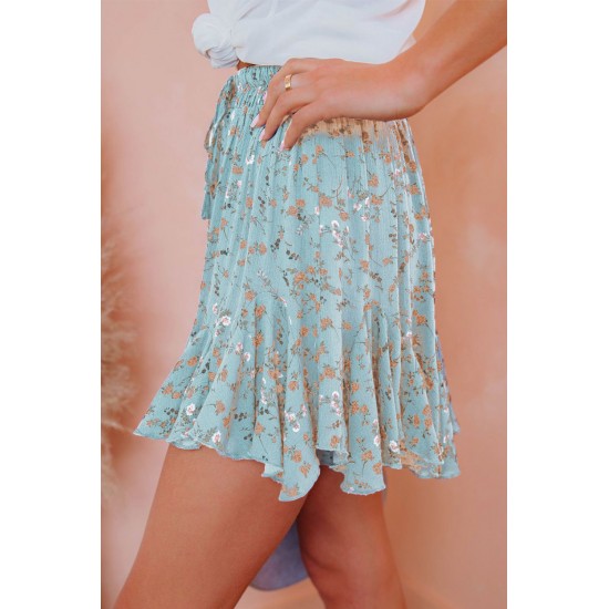 Blue Ruffled Floral Mini Skirt