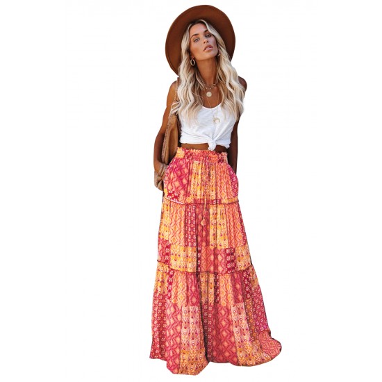 Orange Tiered Paisley Print Pocketed Maxi Skirt