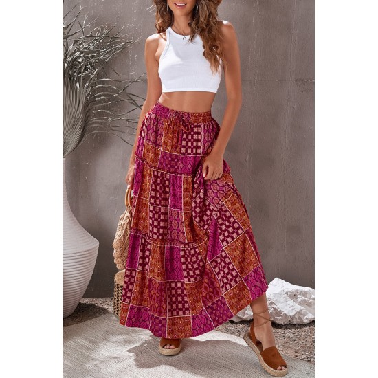 Tiered Paisley Print Pocketed Maxi Skirt