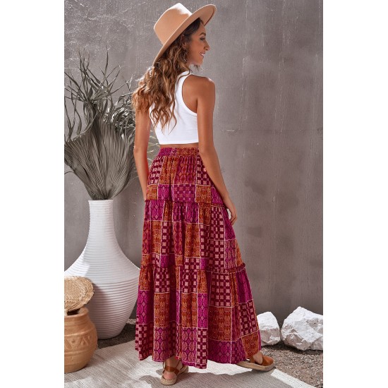 Tiered Paisley Print Pocketed Maxi Skirt