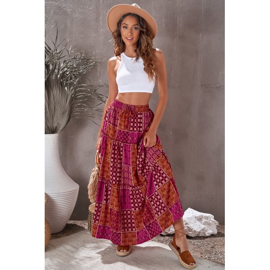 Tiered Paisley Print Pocketed Maxi Skirt